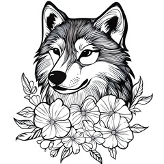 Fototapeta premium Charming Wolf and Flowers Coloring Book Page for Kids