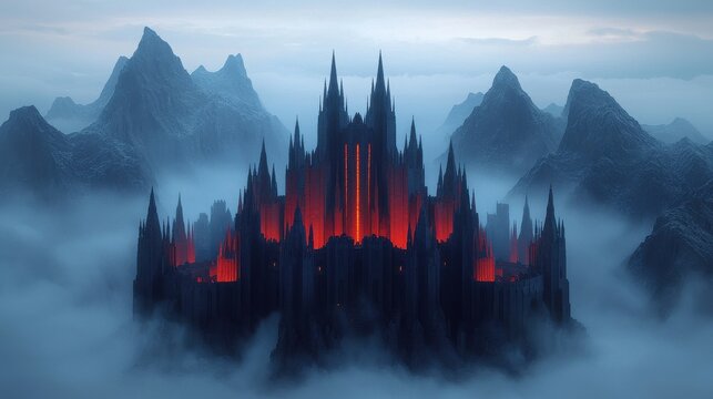 A dark, ominous castle emerges from foggy mountains, illuminated by eerie red lights, creating a mysterious and enchanting atmosphere.