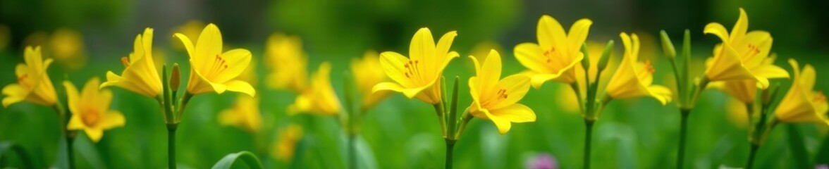 Fototapeta premium Yellow lily stems with green leaves in a garden, stems, yellow, plants