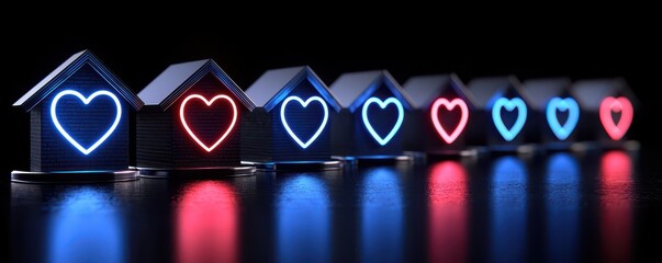 Fototapeta premium Colorful illuminated houses with heart shapes, symbolizing love and community. Ideal for home decor or romantic themes.