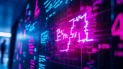 Fototapeta premium Neon Glowing Equations on a Digital Wall, Abstract Tech Background