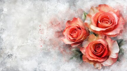 Romantic Pink Roses on Soft Gray Background with Watercolor Effect