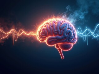 Fototapeta premium Creative brainstorming process illustrated through a glowing brain amidst an abstract sound wave background at night