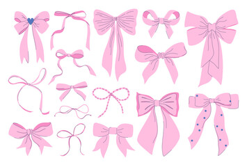 Set of pink bows. Cute minimalistic coquette bows. Vintage ribbon elements for party decoration, gift wrapping, hairstyle, textile print. Hand drawn flat design vector illustration.