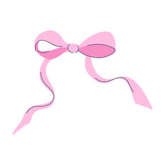 Delicate pink ribbon achieves soft and elegant look with flowing ends tied in neat bow. Suitable for decoration or gift wrapping. Hand drawn flat design vector illustration.