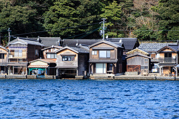 Charming Traditional Boat Houses Built Side by Side Along the Waterfront of Ine Bay, Kyoto, Japan