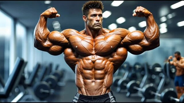 A Muscular bodybuilder is training in gym club, Bodybuilder is showing strong muscular body and abs 