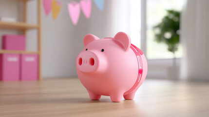 cute pink piggy bank stands on wooden floor, symbolizing savings and financial planning. Its cheerful design adds playful touch to any space, making it perfect for kids and adults alike