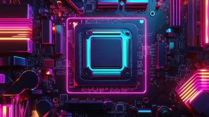 Fototapeta premium Neon Motherboard: A Cyberpunk CPU Showcase