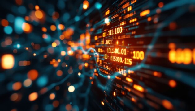 Vibrant digital code stream with glowing orange and blue binary data