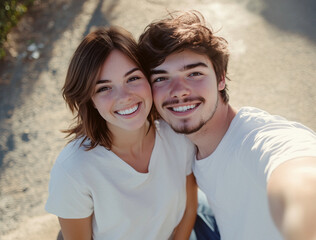 Obraz premium Young Couple Enjoying Selfie Time, Laughter and Love Captured in a Casual Moment.