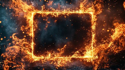 Intense Flames Erupting from a Square Frame Surrounded by Smoke and Ashes Creating a Dramatic Scene
