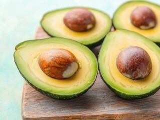 Fresh avocados sliced in half, showcasing their creamy texture and large brown seeds, arranged on a rustic wooden board.