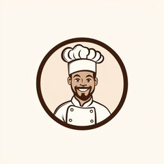Happy male chef portrait in round frame for culinary, restaurant, food, or menu use
