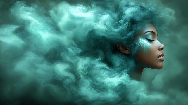 Serene Woman with Teal Ethereal Hair