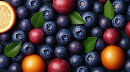 A vibrant assortment of blueberries, oranges, and plums, interspersed with green leaves, creating a colorful and fresh fruit display.