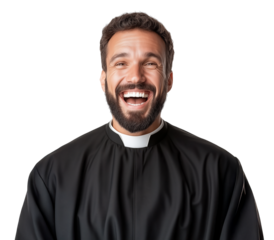 Smiling man in black vestments enjoying a moment of joy with a transparent background
