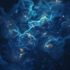 A blue and yellow space with many small bubbles. The bubbles are floating in the air and are illuminated by a light source