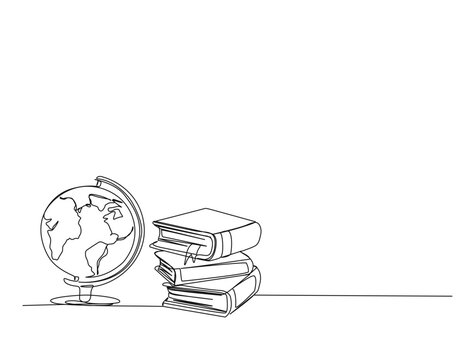Continuous one line drawing of stack of book and globe world map. Book for idea, school, knowledge and literacy concept illustration. Editable stroke.