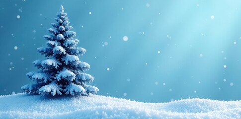 Obraz premium Snowy isolated blue Christmas tree in a minimalist background, icicle, frost