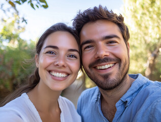 Obraz premium Young Couple Enjoying Selfie Time, Laughter and Love Captured in a Casual Moment.