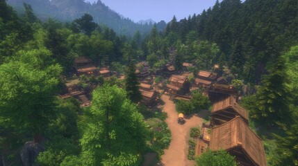 Lush Forest Village Scenic Aerial View