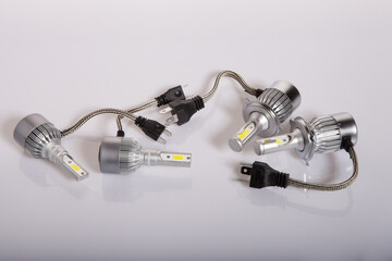 LED car lamp isolated white background. Led car lights on a white background with clipping path. Light bulbs for car lamps.