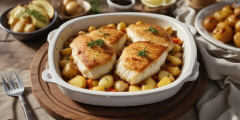 Baked codfish with potatoes and onions in a traditional Portuguese dish, Porto, dish, oven