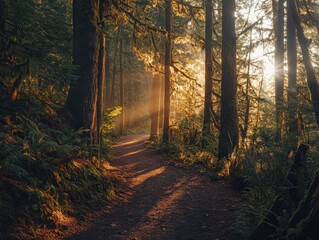 Obraz premium Sunlight filtering through trees on a serene forest path nature photography oregon evening tranquil atmosphere