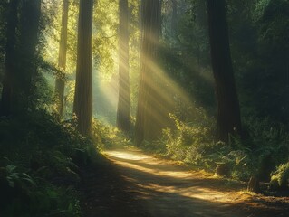 Sunlight filtering through majestic redwoods coastal forest nature photography tranquil environment serene viewpoint peaceful concept