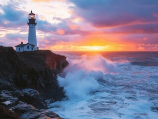 Dramatic sunset over ocean waves with lighthouse coastal landscape scenic view nature's beauty
