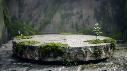 Blank round stone table or stand with moss. Free space for product placement or advertising text.