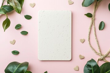 Blank White Rectangular Card Mockup with Rounded Corners on Pink Background, Green Leaves and Wooden Hearts, Elegant Minimalist Aesthetic for Branding and Social Media, Subtle String Detail