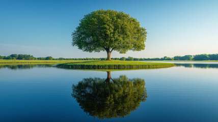 A solitary tree stands on a small island in a serene lake, surrounded by misty mountains and reflecting in the still water.