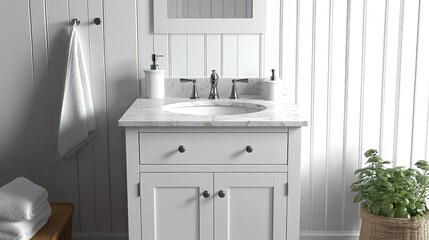 Fototapeta premium Modern white bathroom vanity with marble top, faucet, and accessories