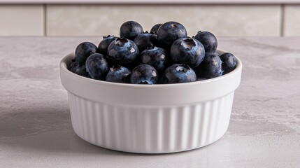A bowl of fresh blueberries sits elegantly on a countertop, showcasing their deep blue color and healthy appeal.