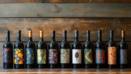 Photo of multiple wine bottles with blank labels on the front, arranged in rows against an old wooden background. The bottle bodies are of various sizes and shapes to show diversity, with some display