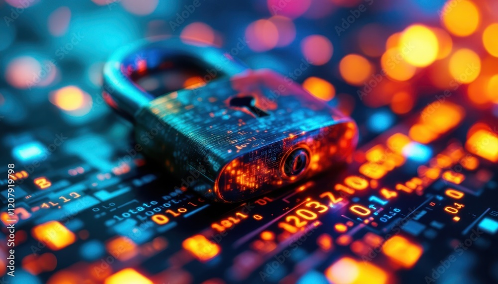 Poster digital security concept with lock on data matrix background
