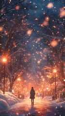A woman walks alone in a snowy park illuminated by warm streetlights at night.