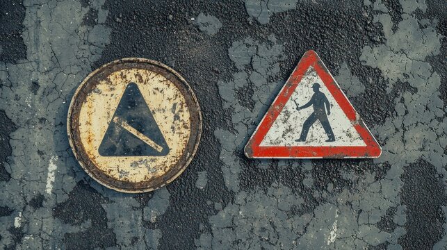 Road signs of the circular and triangular shape with a picture of a worker on a background of asphalt. Pointer. The texture of the tarmac, top view.