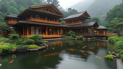 Obraz premium Tranquil Asian House Pond Koi Fish Garden