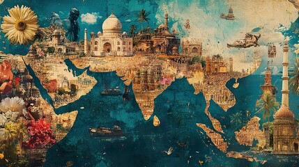 Fototapeta premium A collage-style map of India, integrating elements of nature and culture, with bright colors and textures,