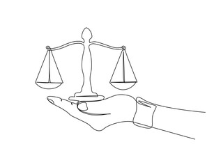 Continuous one line drawing of hand holding judicial scales or law scales. Libra symbol in single outline vector illustration. Editable stroke.