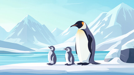 Obraz premium A penguin with its babies standing of an ice land.