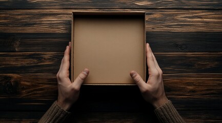 Empty cardboard box held by hands on wooden surface. (1)