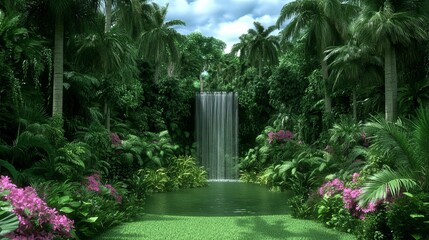 Fototapeta premium Lush Tropical Paradise Waterfall and Pond Scene