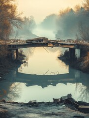 Ruined bridge reflected in calm water at dawn
