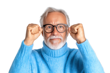 Elderly man in blue sweater expressing joy and excitement with raised fists