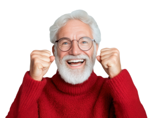 Smiling elderly man with white beard celebrates joyfully in a red sweater on a transparent background