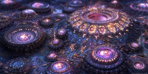 Fototapeta premium Intricate Fractal Art Glowing Purple and Gold Cosmic Landscape